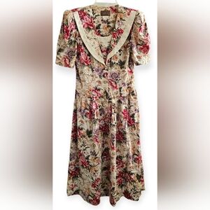 Lisa II LTD Vintage 80s/90s Floral Dress White Lace Collar Women 8